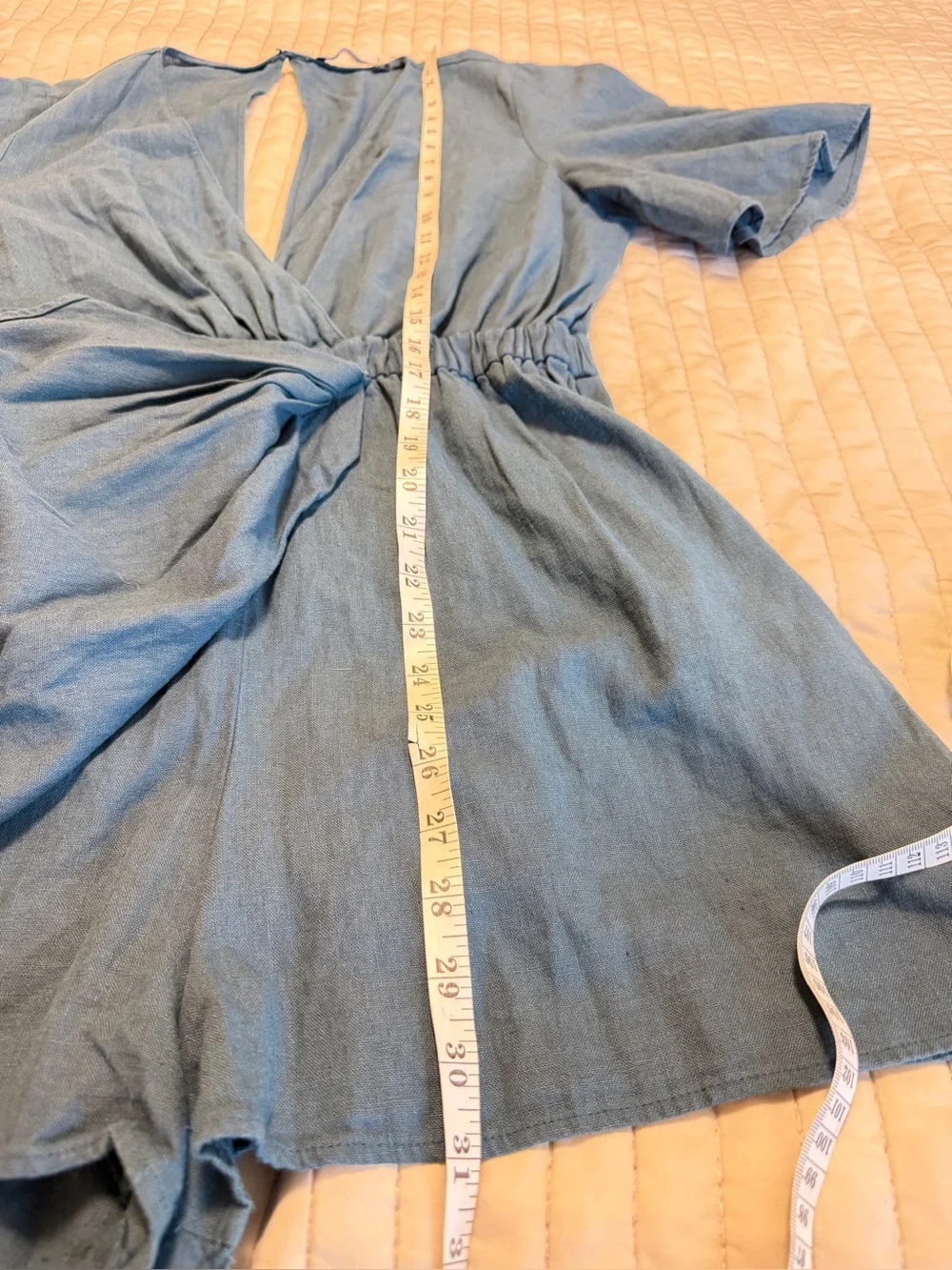 Zara Blue Linen Blend Wrap Romper L V-Neck Flutter Sleeve Keyhole Back Summer